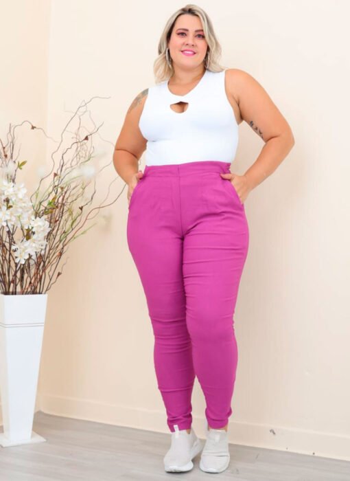 Calça Plus Size Com Prega Roxo Estilo Zara - Imagem 3