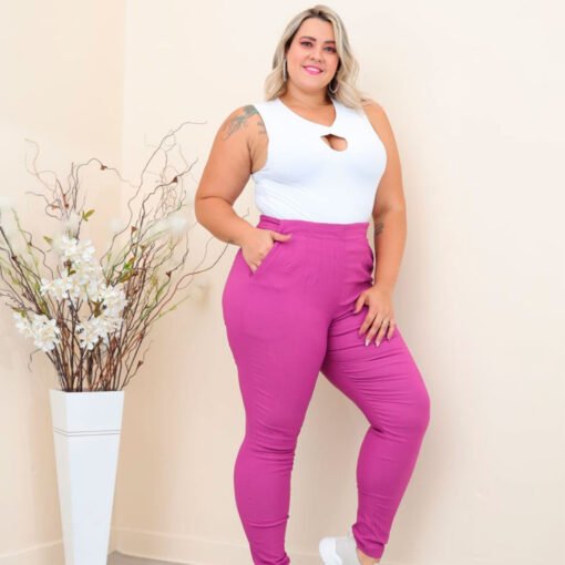 Calça Plus Size Com Prega Roxo Estilo Zara