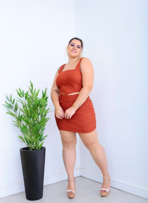 Conjunto Top V e Saia Prisado Caramelo - Imagem 4