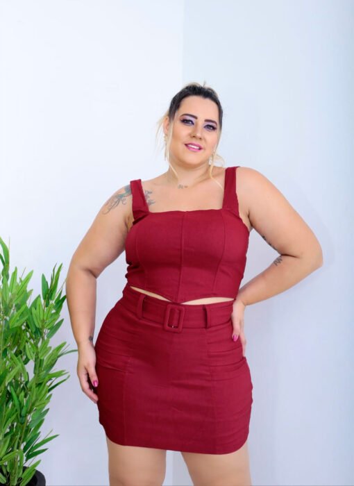 Conjunto Top V e Saia Prisado Vinho - Imagem 3