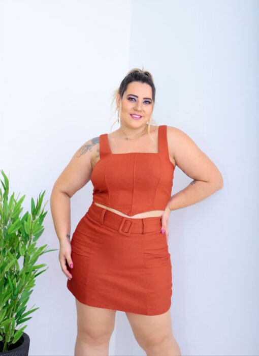 Conjunto Top V e Saia Prisado Caramelo - Imagem 3