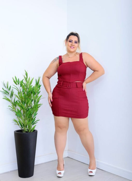 Conjunto Top V e Saia Prisado Vinho - Imagem 2