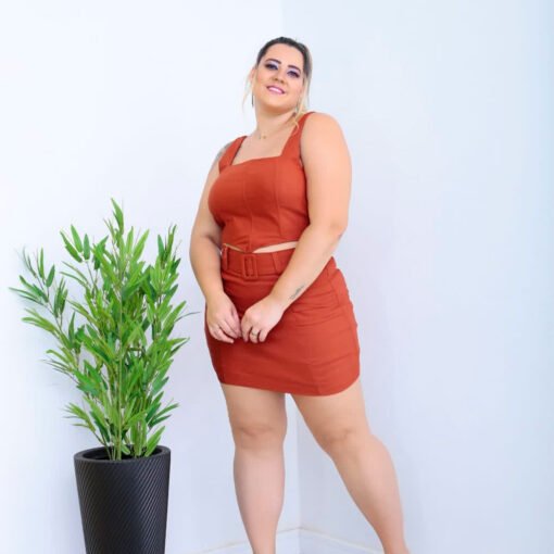 Conjunto Top V e Saia Prisado Caramelo